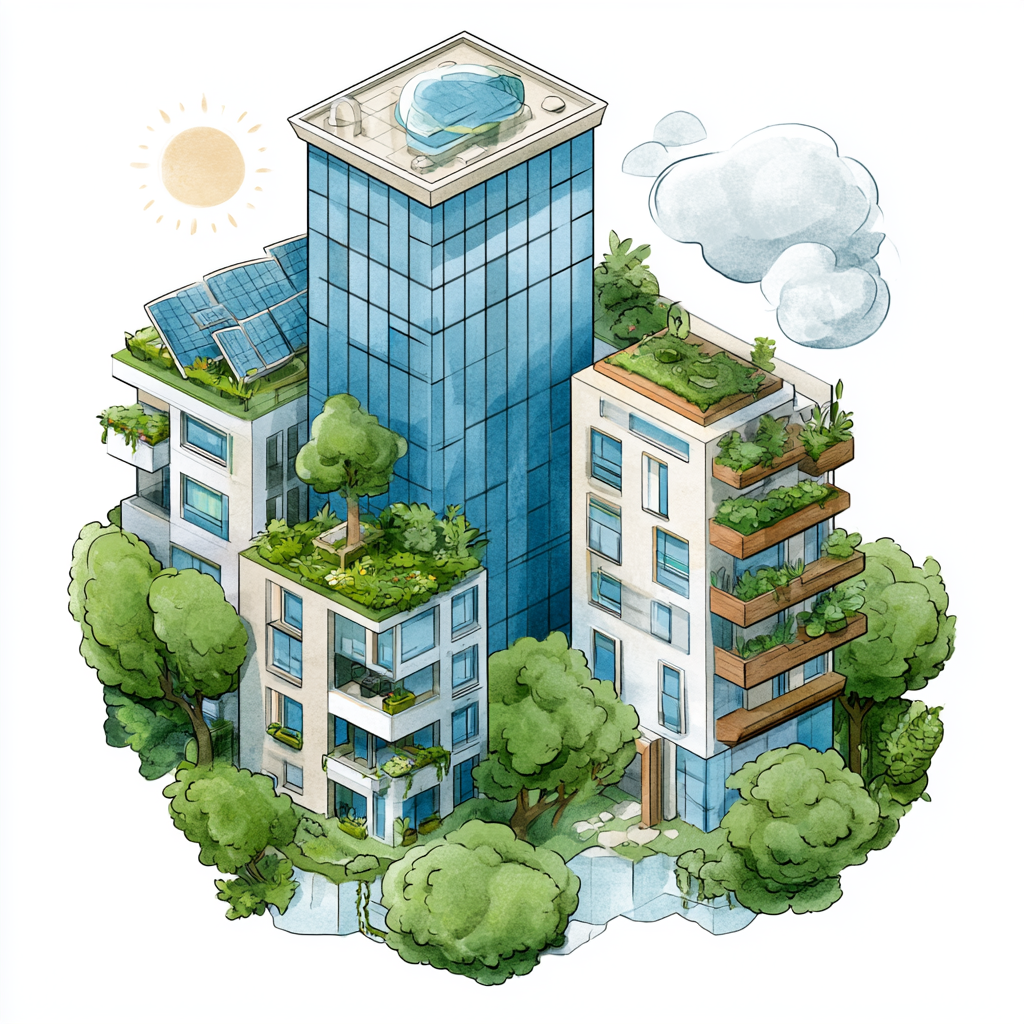 Illustrated resort cluster with solar panels and greenery